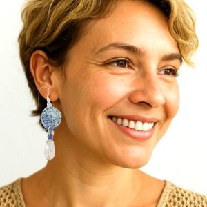 Eco Crochet Earrings Handmade Ocean Blue Boho Upcycled Beads USA Mermaidcore 2"